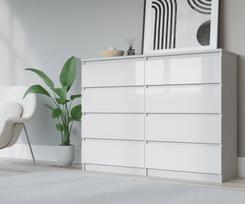 Komoda 3xEliving DEMI su 8 stalčiais, 120 cm, spalva: Baltas/baltas blizgesys