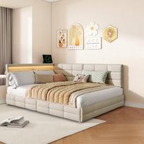 Sofa-lova, 140 x 190 cm, su LED apšvietimu, USB-C jungtimi ir 2 stalčiais, smėlio spalvos, lininė