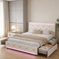 Lova 160x200 cm su stalčiai ir grotelių pagrindu, dygsniuotas galvūgalis su LED apšvietimu ir USB, aksominis audinys, smėlio spalvos