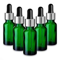 Žalia 20 ml stiklinė butelį su sidabrine aliuminine pipete, silikoniniu siurbtuku — 5 vnt. rinkinys