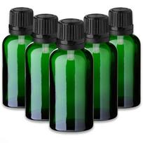 Žalia stiklinė butelė 30 ml su juodu lašintuvu, 5 vnt. rinkinys