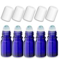 Mėlynas 5 ml stiklinis roll-on buteliukas su balta kamšteliu, 5 vnt. rinkinys