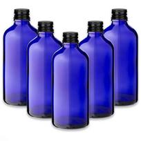 Mėlynas 100 ml stikl. butelis su juodu alium. dangteliu, 5 vnt. (UV apsauga, PE sandariklis)