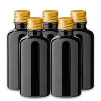 Juodas stiklinis butelis 50 ml su auksiniu aliuminio dangteliu, 5 vnt. rinkinys
