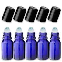 Mėlynas 10 ml stiklinis roll-on buteliukas su juodu dangteliu, 5 vnt. rinkinys