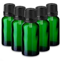Žalia 20 ml stiklinė buteliukų rinkinys su lašintuvais ir juodais dangteliais, 5 vnt.