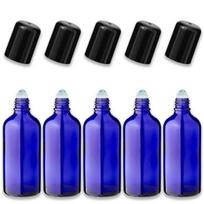 Mėlynas 100 ml stiklinis roll-on butelis su juodu dangteliu, 5 vnt. rinkinys