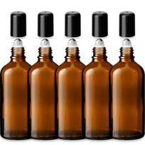Rudas 100 ml stiklinis roll-on butelis su juodu dangteliu, 5 vnt. rinkinys