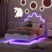 Karūnos formos princesės lova su debesies formos galvūgaliu, vaikiška lova su LED, 90 × 200 cm, PU,balta