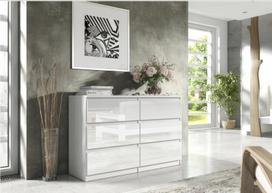 Komoda 3xEliving DEMI su 6 stalčiais, 120 cm, spalva: Baltas/baltas blizgesys
