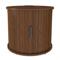 Cilindrinis naktinis staliukas su įkrovimo lizdu ir 2 USB, šoninėmis durimis, ratukais, riešuto efektas, 60x60x60 cm
