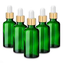 Žalia 50 ml stiklinė butelė su auksine aliuminio pipete, 5 vnt. rinkinys