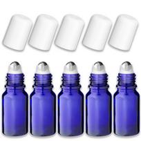 Mėlynas 10 ml stiklinis roll-on buteliukas su plieniniu rutuliuku ir baltu dangteliu, 5 vnt. rinkinys