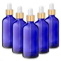 Mėlynas 100 ml stiklinis buteliukas su auksine aliuminio pipete, 5 vnt. rinkinys