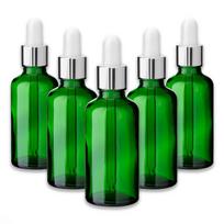 Žalia stiklinė butelė 50 ml su sidabrine aliuminio pipete, 5 vnt. rinkinys