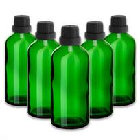 Žalia stiklinė butelė 100 ml su juodu lašintuvu, 5 vnt. rinkinys