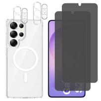 Korpusas su magnetiniu žiedu Samsung Galaxy S26 ULTRA ir 2 juodi grūdinti stiklai nuo šnipinėjimo bei 2 Phonillico® kameros apsaugos.