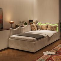 Lova su daiktadėže, sofa-lova, vaikiška lova, LED, banguotas galvūgalis, 90x200 cm, aksominis audinys, smėlio spalvos