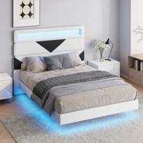 Lova 160x200 cm su LED ir USB, grotelių pagrindas, aksominis audinys, balkšva ir juoda