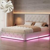 Hidraulika lova 140x200 cm su grotelių pagrindu ir LED apšvietimu, lininis audinys, reguliuojamas galvūgalis, balkšva