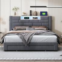 Lova, 160 x 200 cm, pilka, aksominė, su stalčiais, su galvūgalio sandėliavimu, su LED apšvietimu, su USB ir C tipo įkrovimu