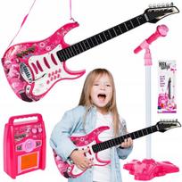 Didelė elektrinė gitara vaikams su mikrofonu, stiprintuvu ir stovu, rožinė