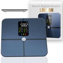 Svarstyklės Išmaniosios skaitmeninės kūno svarstyklės LIVMAN FI2019LB-B su išsamia kūno sudėties analize, LCD ekranu ir Fitdays programėlės valdymu, įkraunamos 4xAAA baterijomis