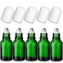 Žalia 15 ml stiklinė roll-on buteliukų rinkinys su plieno rutuliuku ir baltu dangteliu, 5 vnt.