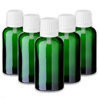 Žalia stiklinė butelė 30 ml su lašintuvu ir baltu dangteliu, 5 vnt. rinkinys