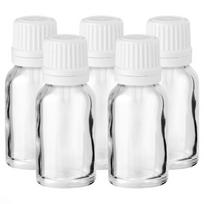 15 ml skaidrus flint stiklo buteliukas su lašintuvu ir baltu dangteliu, 5 vnt.
