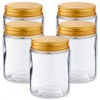 150 ml talpos skaidrus stiklinis indelis su auksiniu aliumininiu dangteliu, 5 vnt. rinkinys