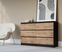 Komoda 3xEliving DEMI su 6 stalčiais, 120 cm, spalva: Juodas/Wotan ąžuolas