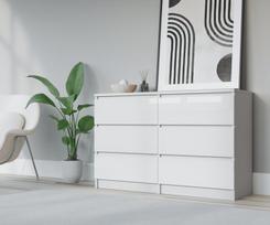 Komoda 3xEliving DEMI su 6 stalčiais, 140 cm, spalva: Baltas/baltas blizgesys