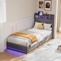 Viengulė lova 90x200 cm su LED apšvietimu, USB & Type-C įkrovimu, lentynomis ir stalčiais, pilka, lininė