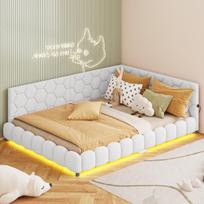 Dvigulė minkšta sofa-lova su LED ir USB jungtimis, avikailio pliušas, balta, 140x200 cm