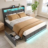 Lova, 140 x 200 cm, pilka, lininis audinys, su RGB LED apšvietimu, su 2 USB ir C tipo prievadais, su 4 stalčiais su ratukais
