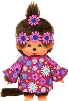 Sekiguchi 252893 Original Monchhichi mergaitė Flower Power violetinės ir mėlynos spalvos, apie 20 cm minkštas žaislas pagamintas iš rudo pliušo