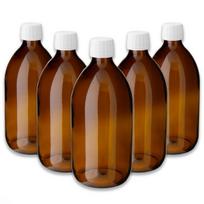 Rudas 500 ml stiklinis butelis (sirupui) su baltu PP28 dangteliu, 5 vnt. rinkinys