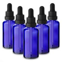 Mėlyna 50 ml stiklinių buteliukų su pipete ir juodu dangteliu rinkinys, 5 vnt.