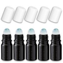 Juodas 5 ml stiklinis roll-on buteliukas su baltu kamšteliu, 5 vnt. rinkinys