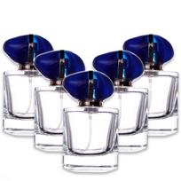 50 ml kvepalų buteliai su auksiniu purkštuvu ir mėlynu luna dangteliu, 5 vnt. rinkinys