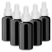 Juodas 50 ml stiklinis butelis su balta pipete ir apsauginiu žiedu, 5 vnt. rinkinys