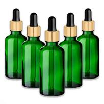 Žalia 50 ml stiklinė butelė su auksine aliuminine pipete, 5 vnt. rinkinys