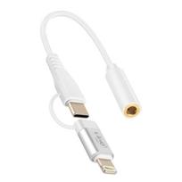 Audio adapter Jack 3.5mm moteriškas į Lightning ir USB C vyriškas LinQ baltas