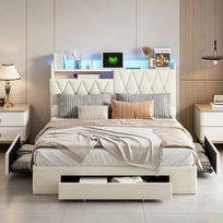 Lova – 140 × 190 cm, su LED / USB sąsaja ir 3 stalčiais, galvūgalis su vieta daiktams susidėti, aksominė medžiaga, smėlio spalvos.