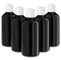 Juodas 100 ml stiklinis butelis su lašintuvu ir baltu dangteliu, 5 vnt. rinkinys