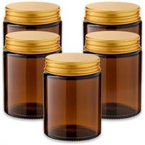 150 ml rudos spalvos stiklinis indelis su auksiniu aliumininiu dangteliu, 5 vnt. rinkinys.