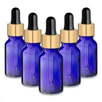 Mėlynas 15 ml stiklinis buteliukas su auksine aliuminine pipete, 5 vnt.
