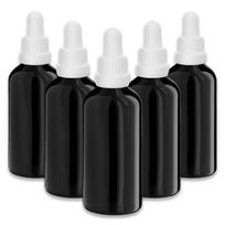 Juodas stiklinis butelis 100 ml su pipete ir baltu kamščiu, 5 vnt. rinkinys