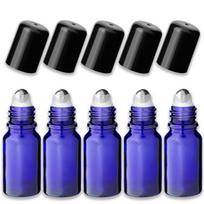 Mėlynas 10 ml stiklinis roll-on buteliukas su juodu dangteliu ir nerūdijančio plieno rutuliuku, 5 vnt. rinkinys